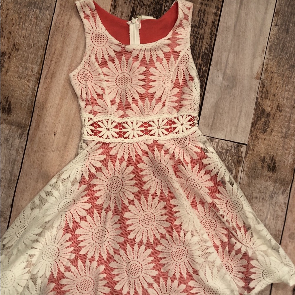 Cream Soft Lace Dress With Pink Underlay